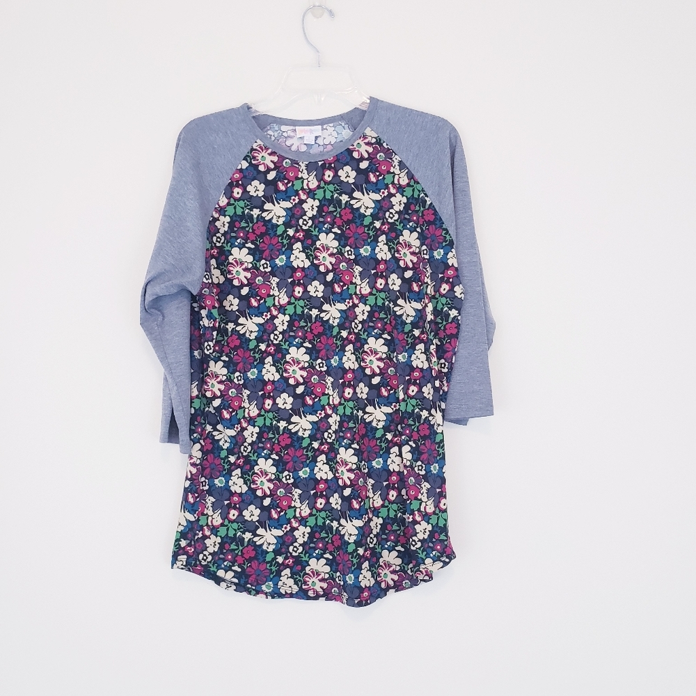 LulaRoe Randy Daisy Floral Gray Raglan Baseball Tee Shirt Size Large Retro